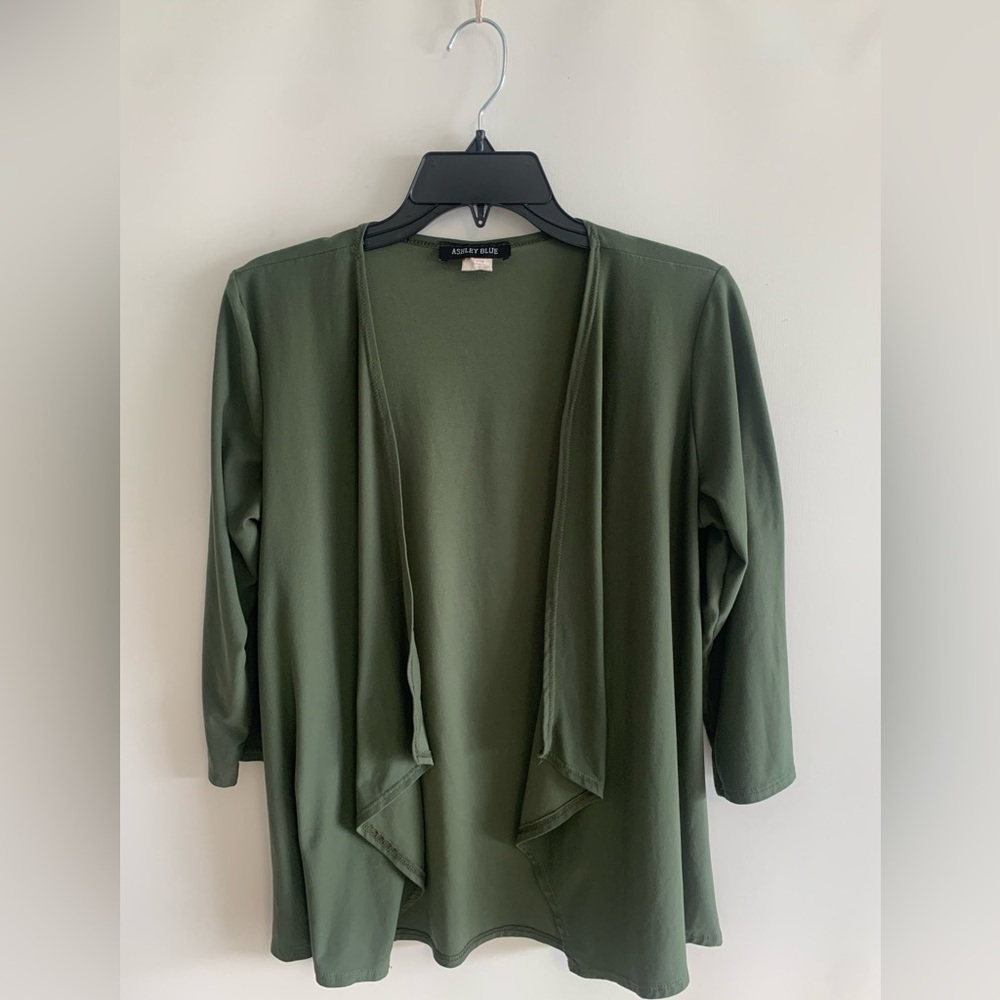 Dark Sage Green Draped Open Front Long Sleeve Lightweight Cardigan | Size Small